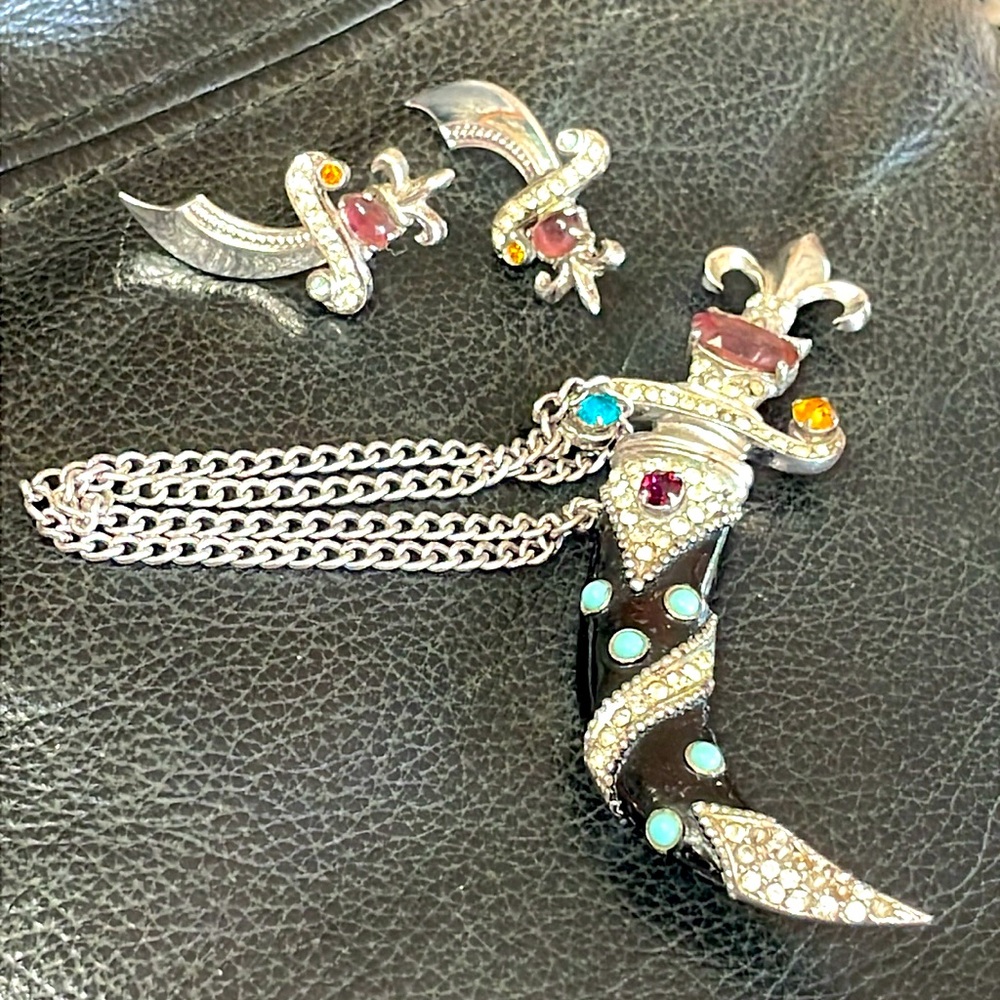 Vintage Urie Mandel Jeweled Sword Dagger and Scabbard Brooch Pin and Earrings